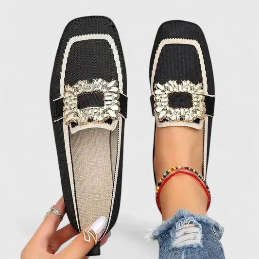 Women's comfort knit square-toe loafers with rhinestone buckle – Black