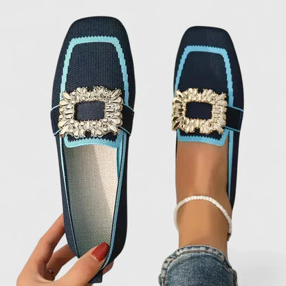 Women's comfort knit square-toe loafers with rhinestone buckle – Blue