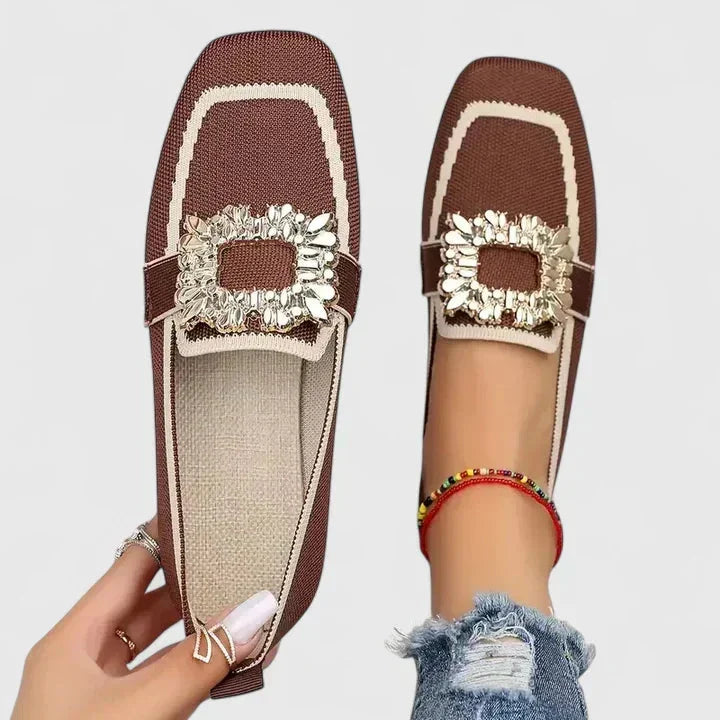 Women's comfort knit square-toe loafers with rhinestone buckle – Brown