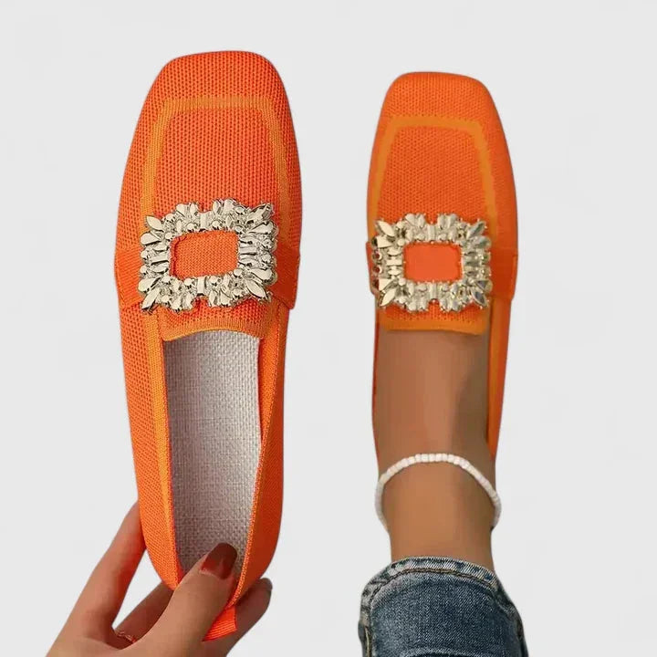 Women's comfort knit square-toe loafers with rhinestone buckle – Orange