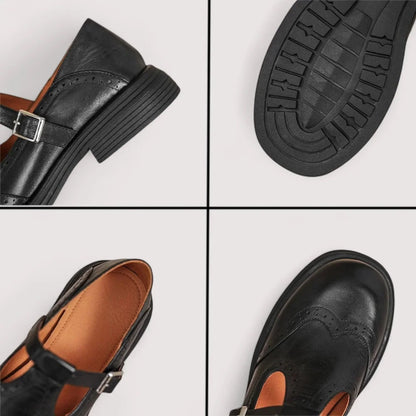 Women's comfort leather Mary Jane shoes with T-strap and brogue details