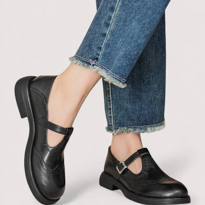 Women's comfort leather Mary Jane shoes with T-strap and brogue details