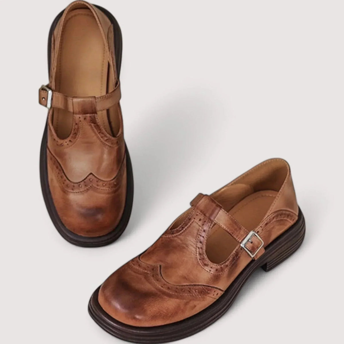 Women's comfort leather Mary Jane shoes with T-strap and brogue details