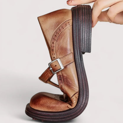 Women's comfort leather Mary Jane shoes with T-strap and brogue details