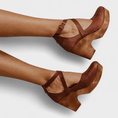 Women's comfort leather platform closed-toe sandals with ankle-strap buckle