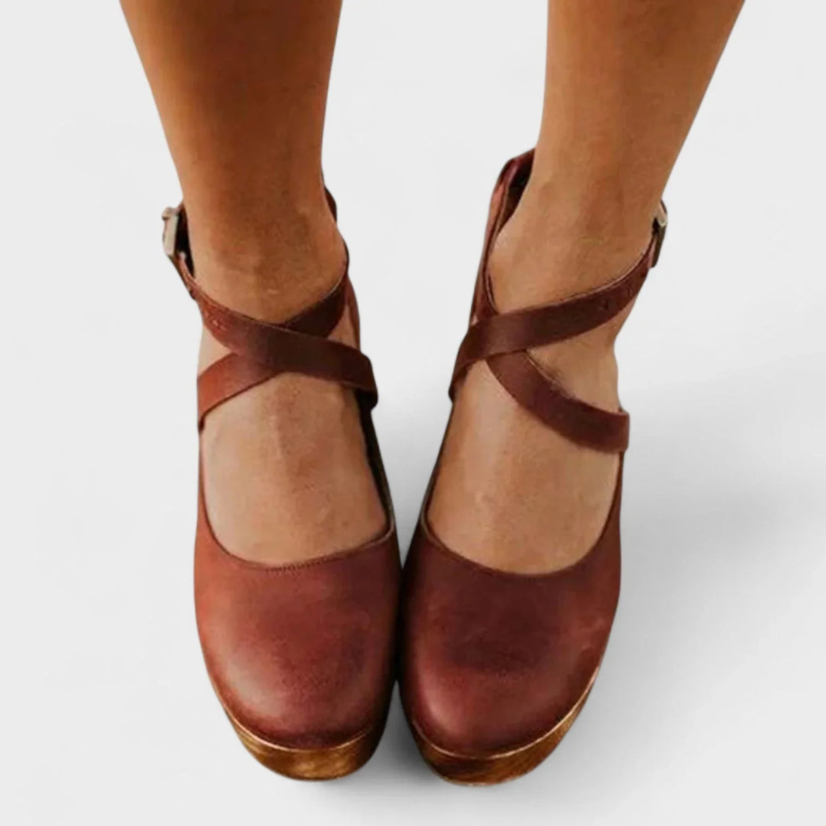 Women's comfort leather platform closed-toe sandals with ankle-strap buckle