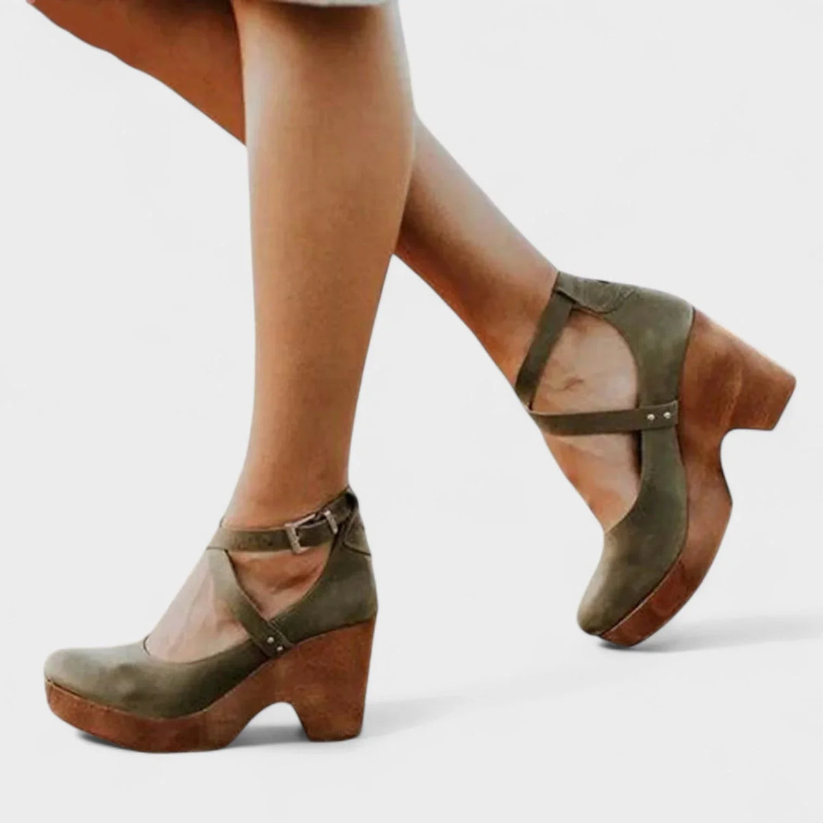 Women's comfort leather platform closed-toe sandals with ankle-strap buckle