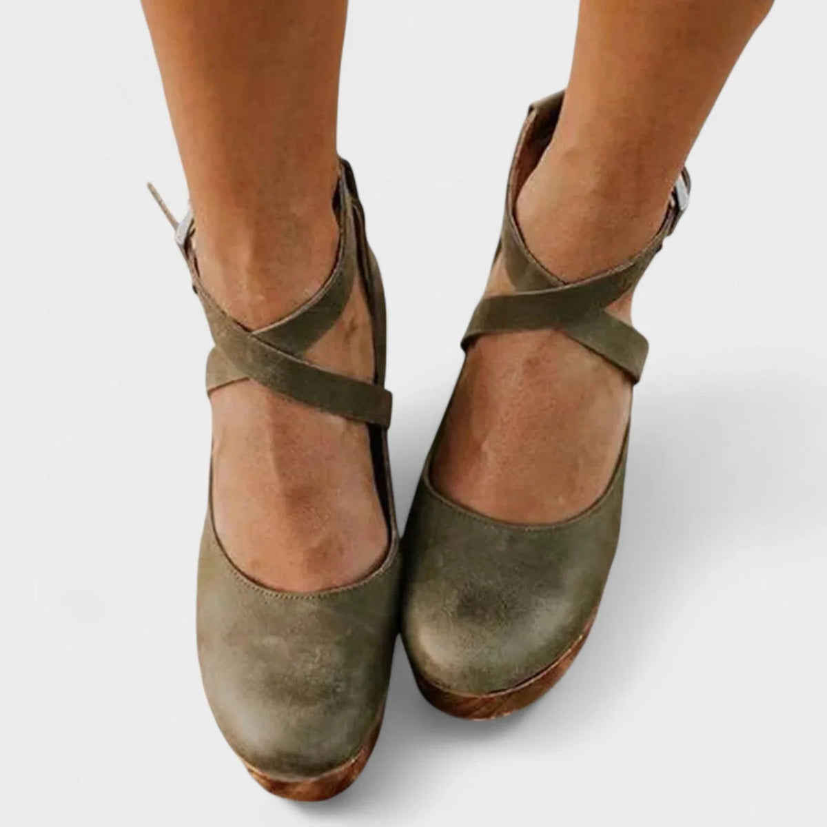 Women's comfort leather platform closed-toe sandals with ankle-strap buckle – Green