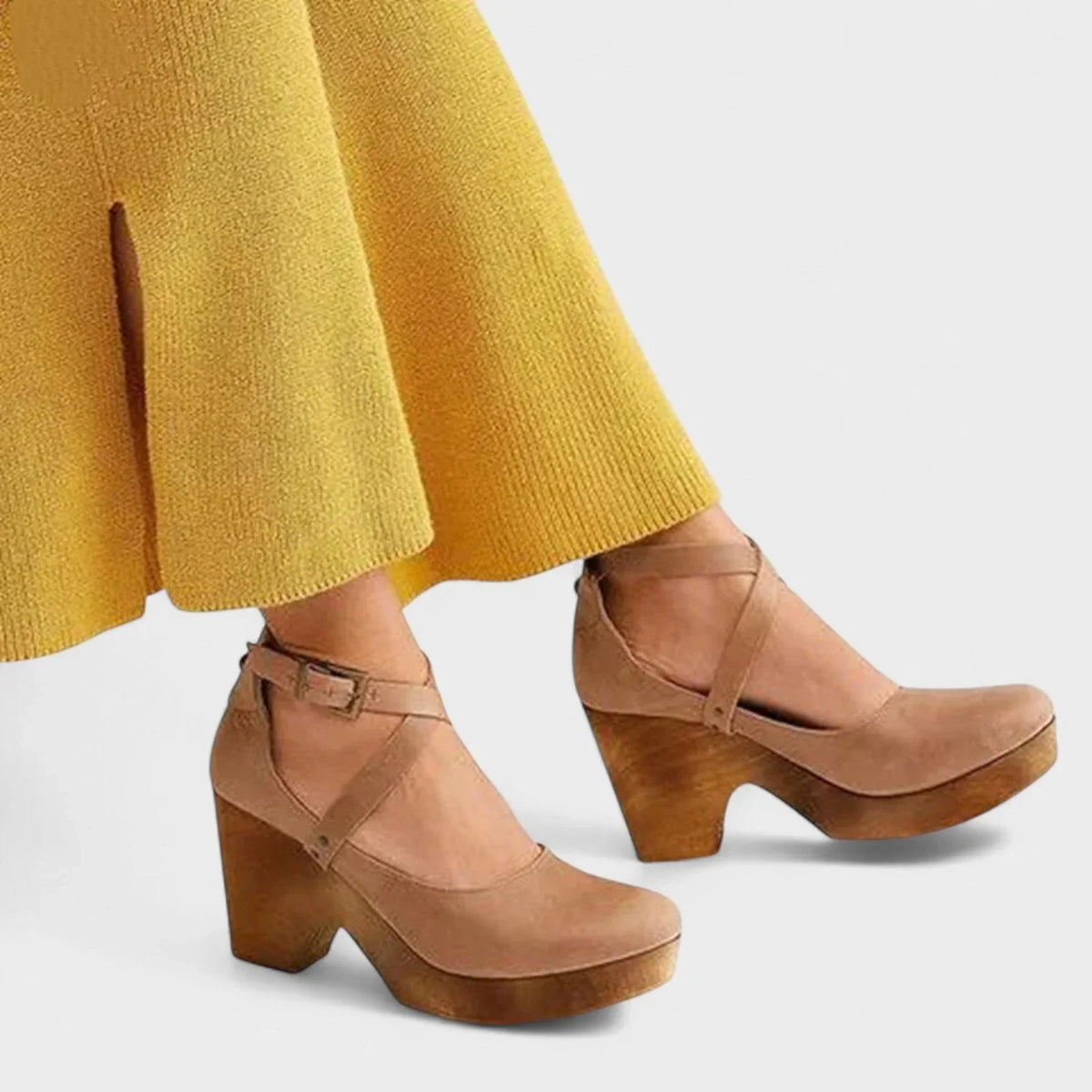 Women's comfort leather platform closed-toe sandals with ankle-strap buckle – Khaki