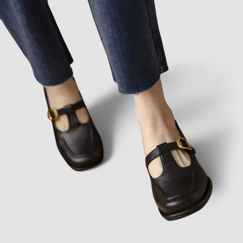 Women's comfort leather T-strap Mary-Jane flats with square-toe and buckle