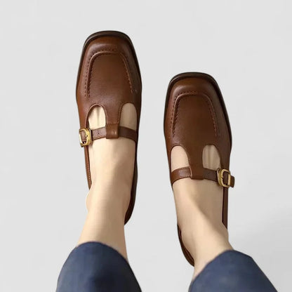 Women's comfort leather T-strap Mary-Jane flats with square-toe and buckle – Brown