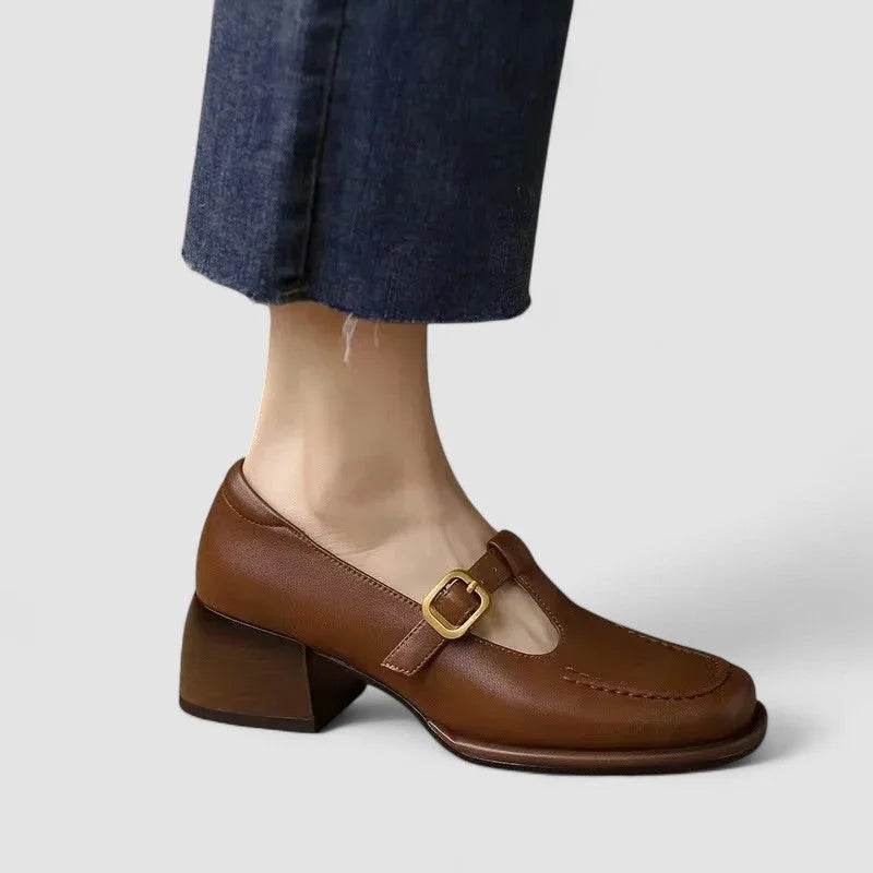 Women's comfort leather T-strap Mary-Jane flats with square-toe and buckle