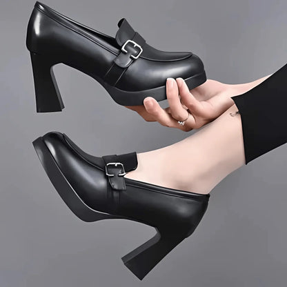 Women's comfort loafer-style platform block-heel pumps with buckle