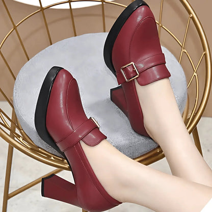 Women's comfort loafer-style platform block-heel pumps with buckle