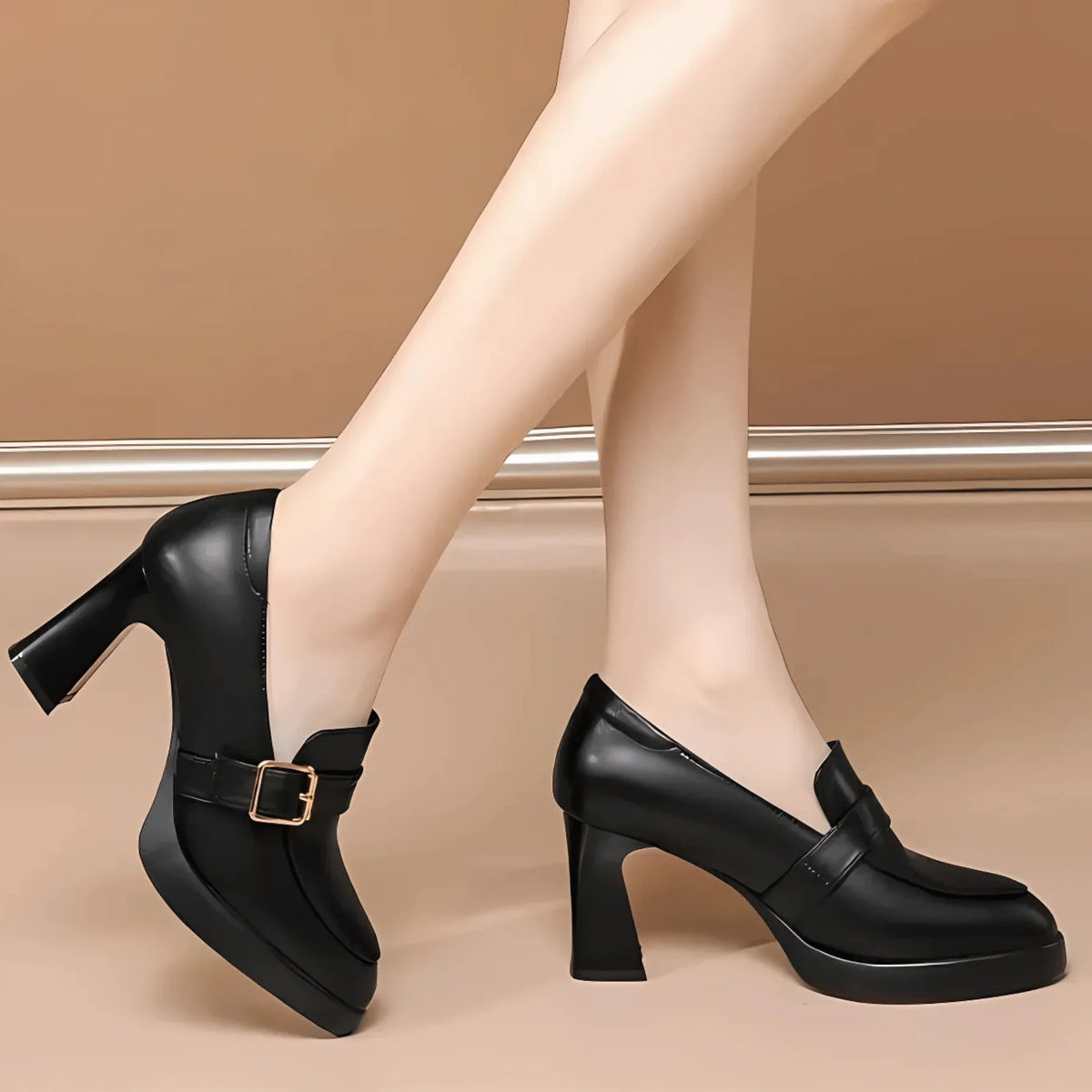 Women's comfort loafer-style platform block-heel pumps with buckle