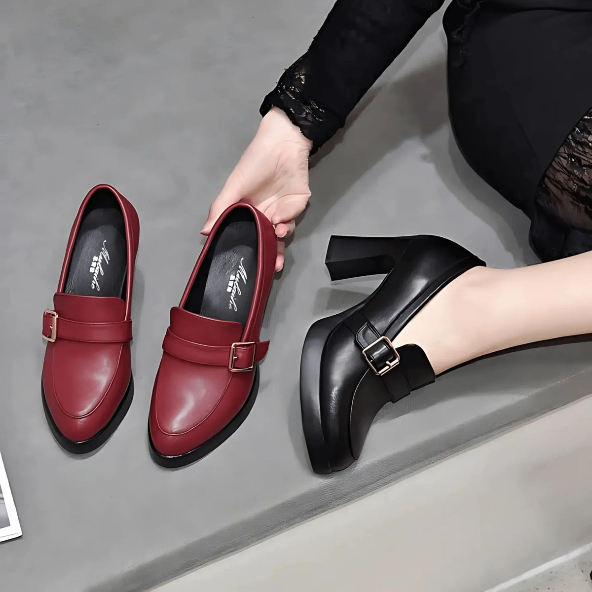Women's comfort loafer-style platform block-heel pumps with buckle