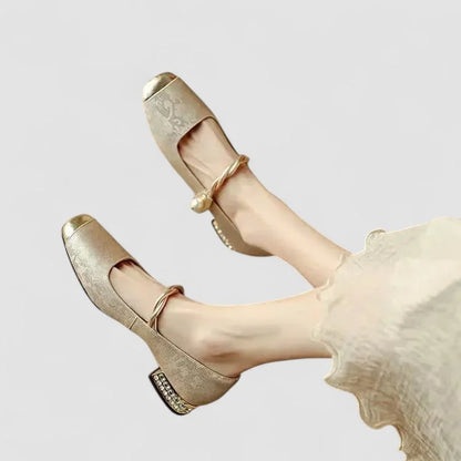 Women's comfort patterned Mary Jane shoes with toe and block heel