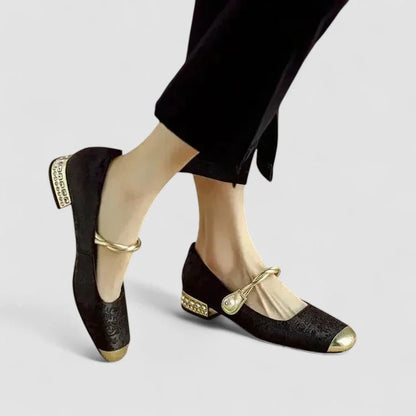 Women's comfort patterned Mary Jane shoes with toe and block heel – Black