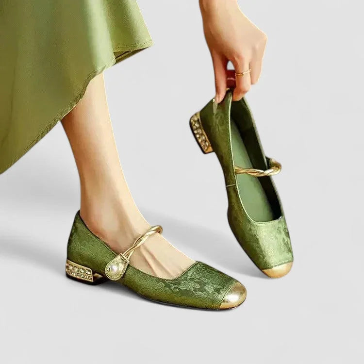 Women's comfort patterned Mary Jane shoes with toe and block heel – Green