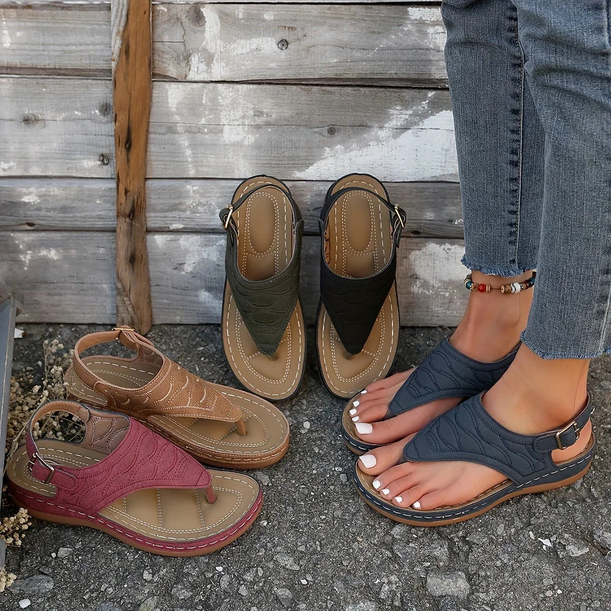 Women's comfort quilted thong sandals with adjustable ankle strap