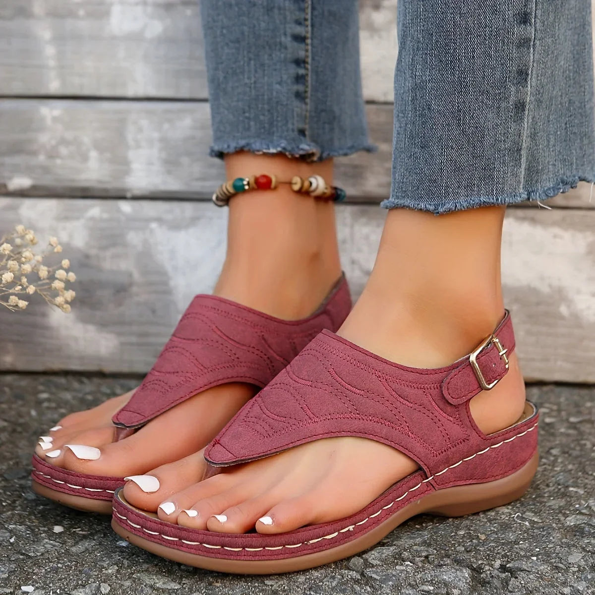Women's comfort quilted thong sandals with adjustable ankle strap