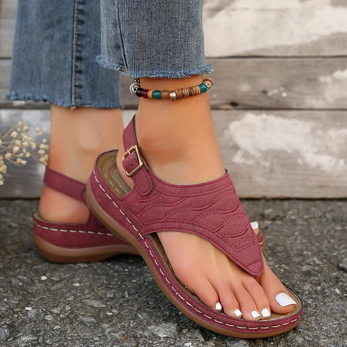 Women's comfort quilted thong sandals with adjustable ankle strap