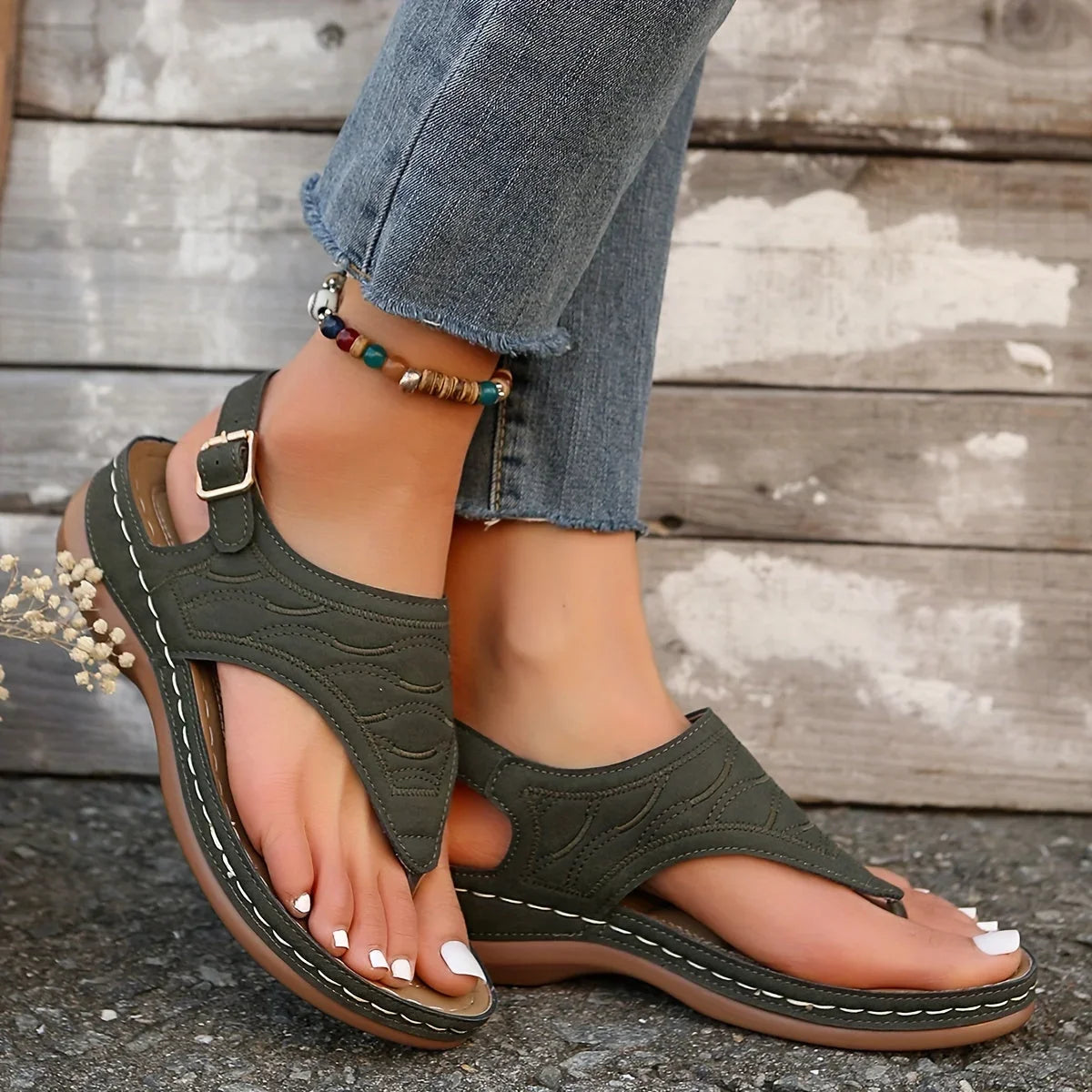 Women's comfort quilted thong sandals with adjustable ankle strap