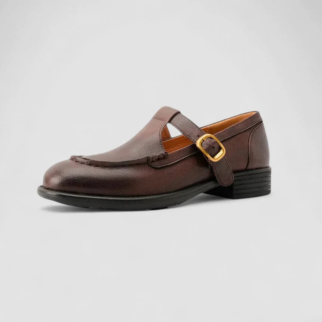Women's comfort square-toe leather Mary Jane shoes with buckle strap