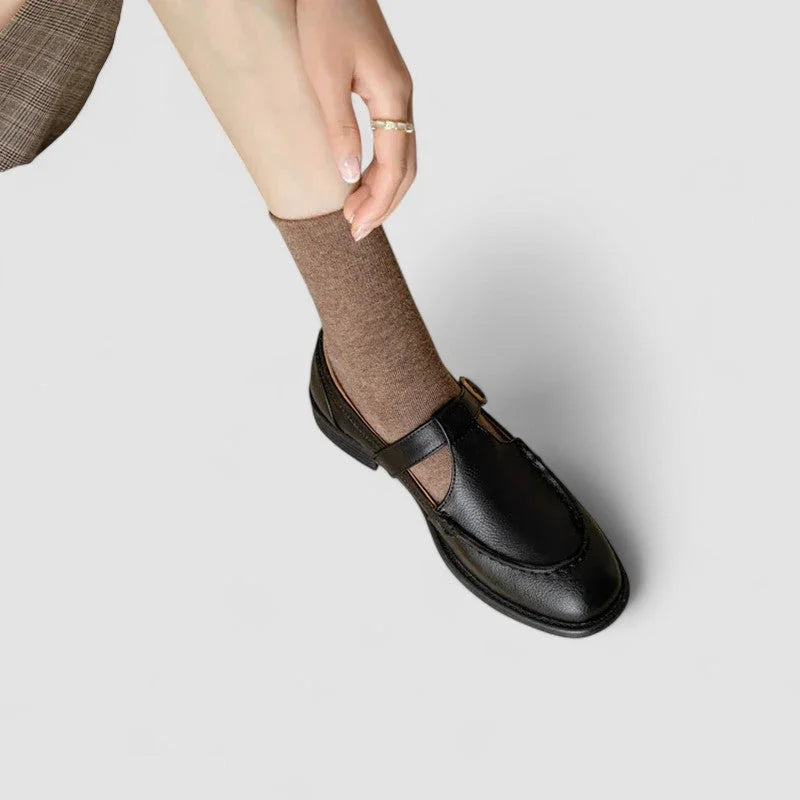 Women's comfort square-toe leather Mary Jane shoes with buckle strap