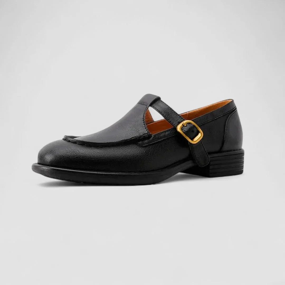 Women's comfort square-toe leather Mary Jane shoes with buckle strap