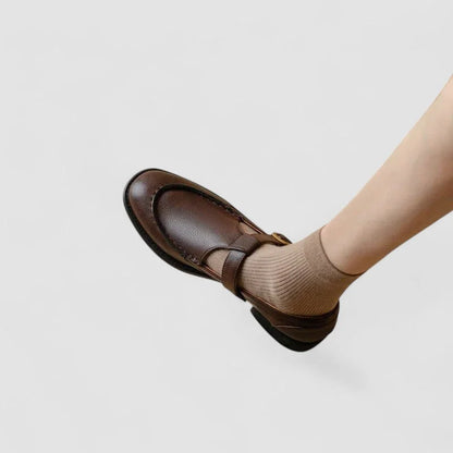Women's comfort square-toe leather Mary Jane shoes with buckle strap