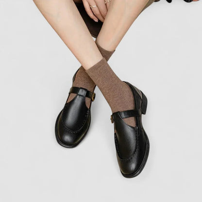 Women's comfort square-toe leather Mary Jane shoes with buckle strap – Black