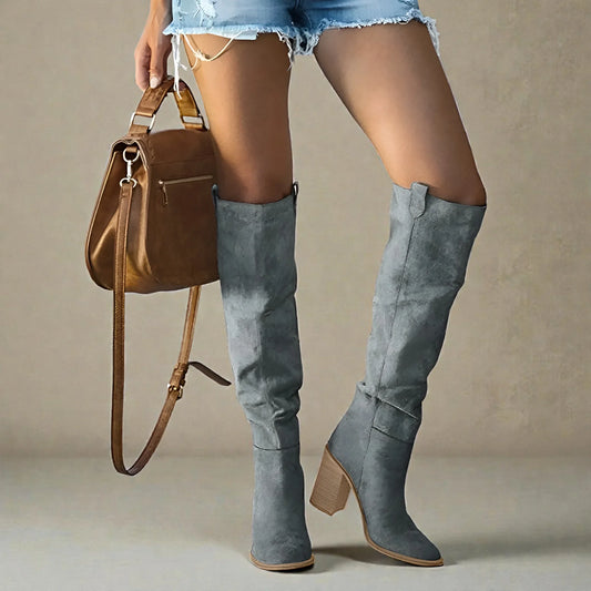 Women's comfort suede knee-high boots with slouchy block-heel pointed-toe – Grey