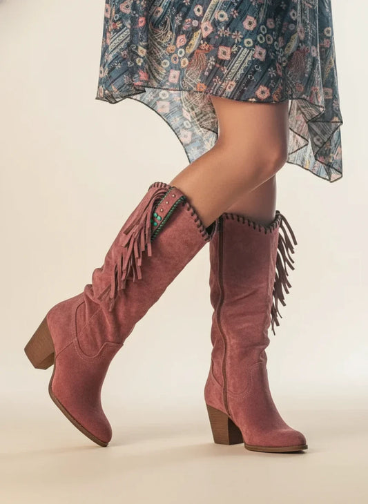 Women's comfort suede knee-high western boots with fringe and block heel