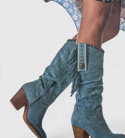Women's comfort suede knee-high western boots with fringe and block heel – Blue