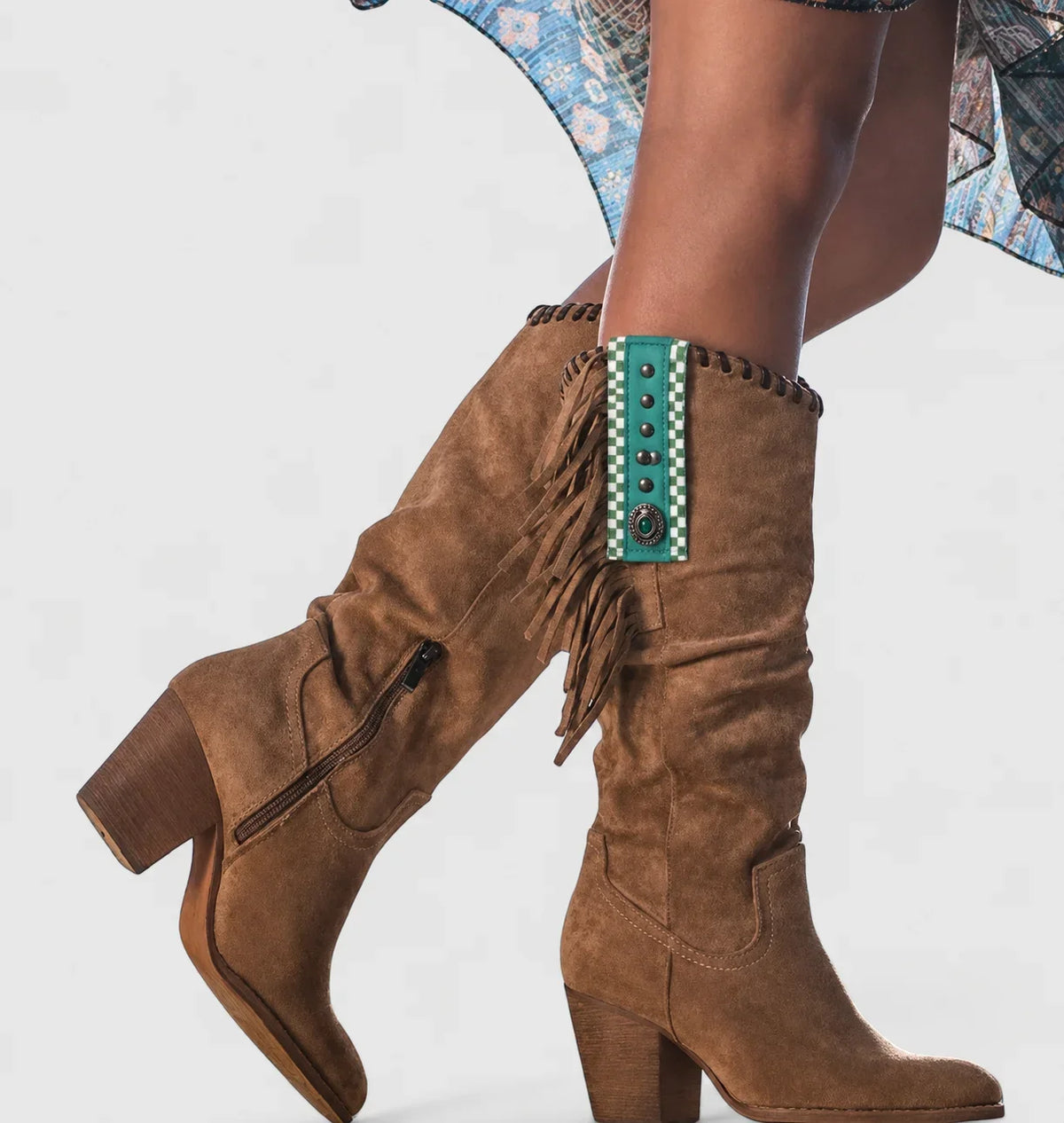 Women's comfort suede knee-high western boots with fringe and block heel – Brown