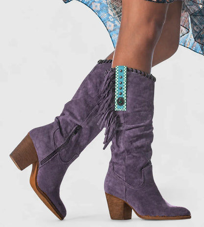 Women's comfort suede knee-high western boots with fringe and block heel – Purple
