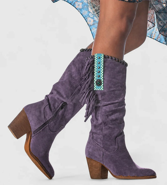 Women's comfort suede knee-high western boots with fringe and block heel – Purple