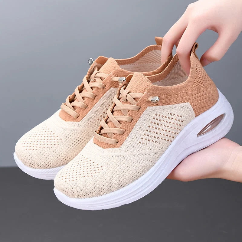 Women's comfort two-tone knit slip-on sneakers with lace-up front and air cushion sole – Beige