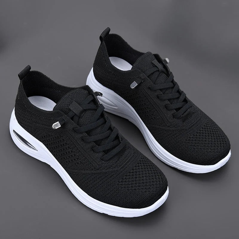 Women's comfort two-tone knit slip-on sneakers with lace-up front and air cushion sole – Black