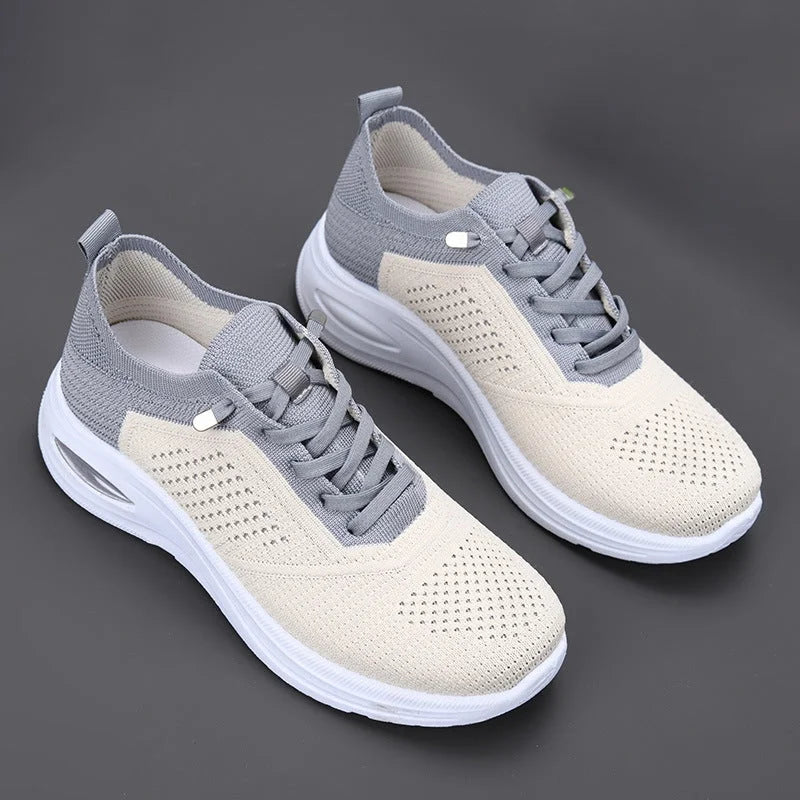 Women's comfort two-tone knit slip-on sneakers with lace-up front and air cushion sole – Grey