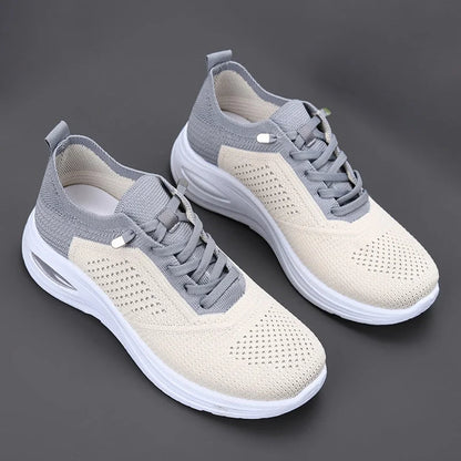 Women's comfort two-tone knit slip-on sneakers with lace-up front and air cushion sole – Grey