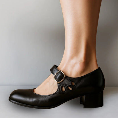Women's comfort vegan leather Mary-Jane shoes with buckle closure and cut-outs