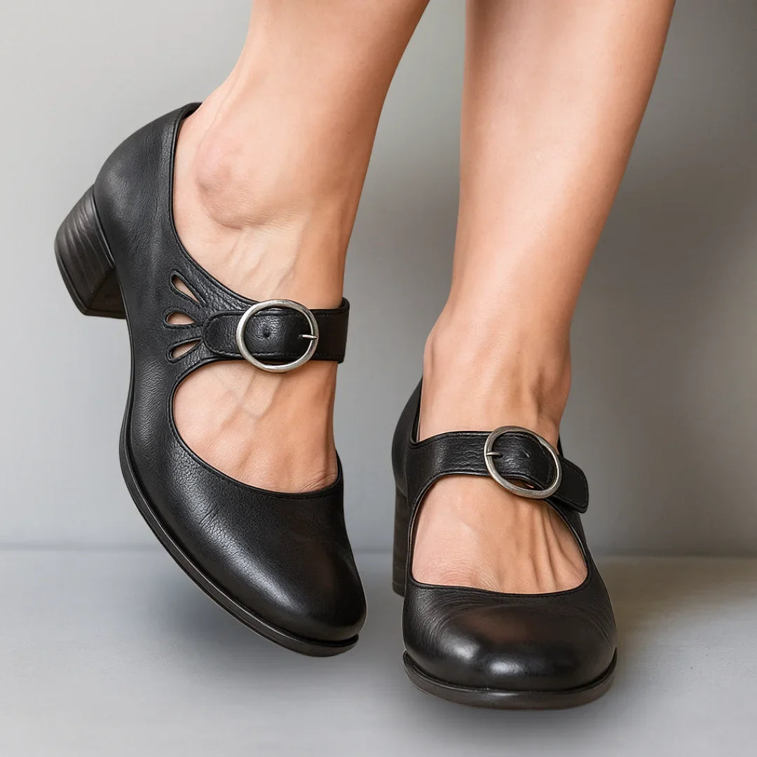 Women's comfort vegan leather Mary-Jane shoes with buckle closure and cut-outs – Black