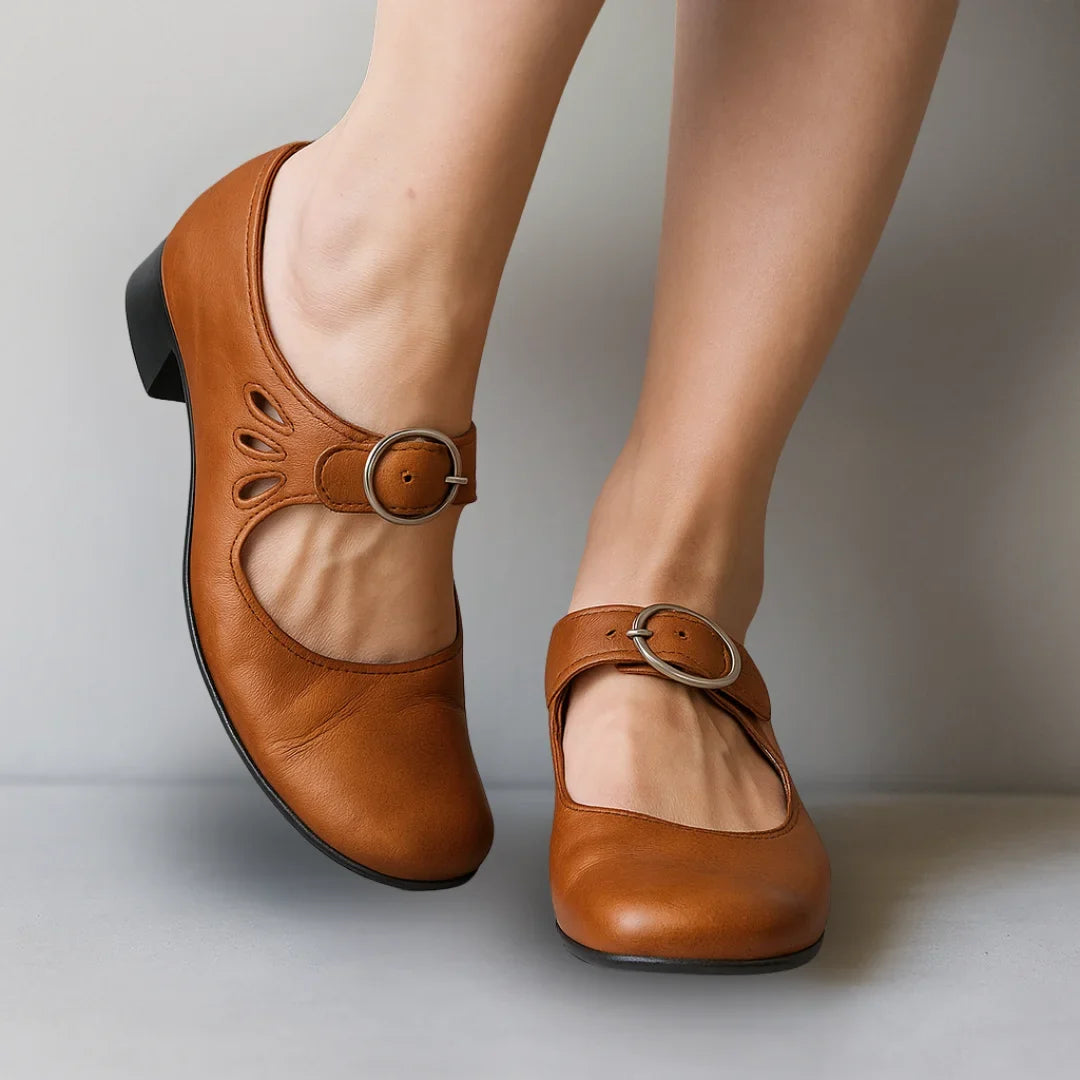 Women's comfort vegan leather Mary-Jane shoes with buckle closure and cut-outs – Camel