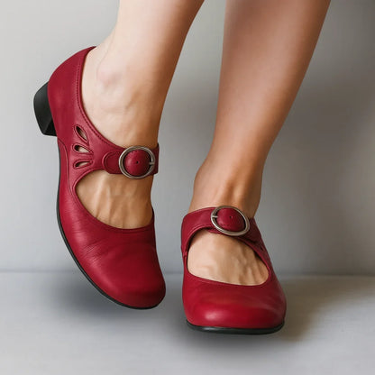 Women's comfort vegan leather Mary-Jane shoes with buckle closure and cut-outs – Chestnut Red