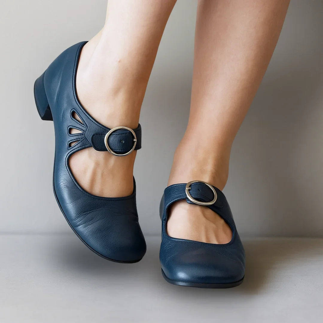 Women's comfort vegan leather Mary-Jane shoes with buckle closure and cut-outs – Deep Sea Blue