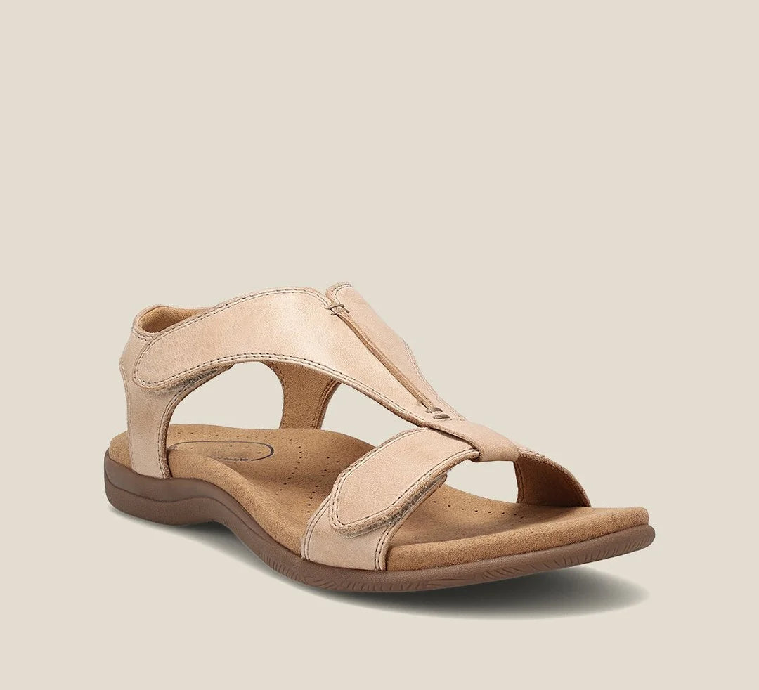 Women's comfort vegan leather open-toe sandals with hook-and-loop T-strap – Beige