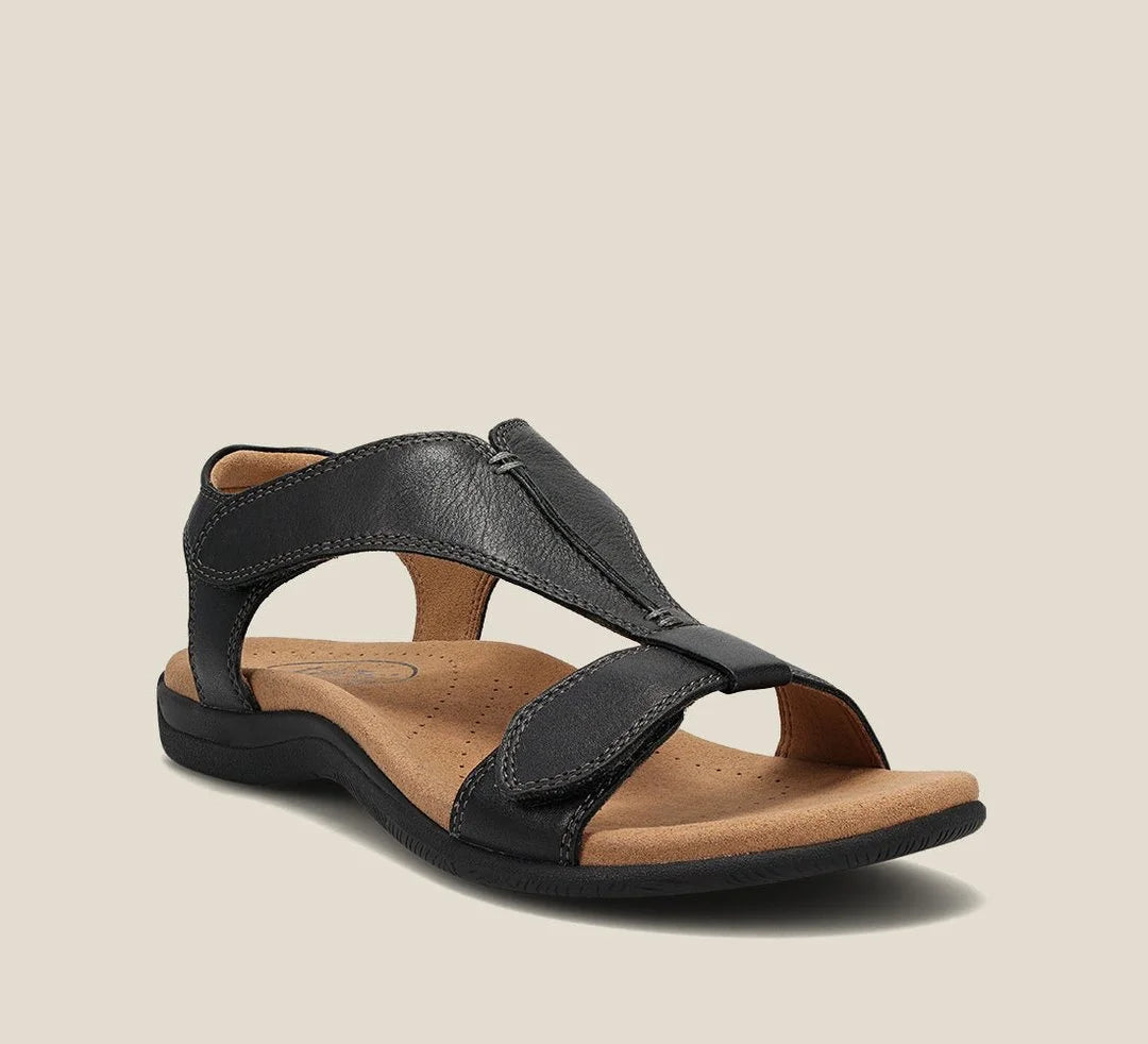 Women's comfort vegan leather open-toe sandals with hook-and-loop T-strap – Black