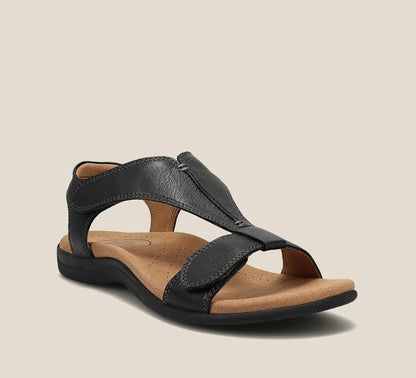 Women's comfort vegan leather open-toe sandals with hook-and-loop T-strap – Black